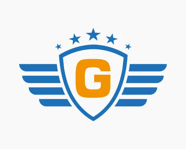 Vector illustration of Initial Wing Logo On Letter G For Transportation Logo With Star Symbol