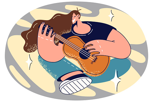 Smiling young woman playing on guitar. Happy girl play musical instrument at home. Hobby and entertainment concept. Vector illustration.