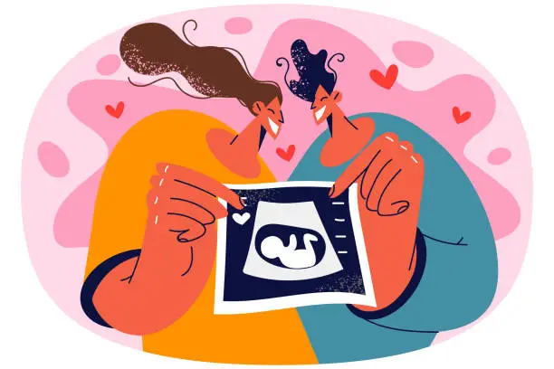 Vector illustration of Happy couple show ultrasound scan