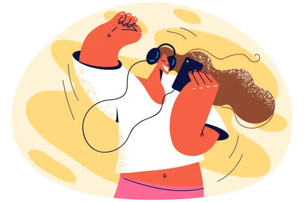 Vector illustration of Overjoyed girl listen to music in earphones