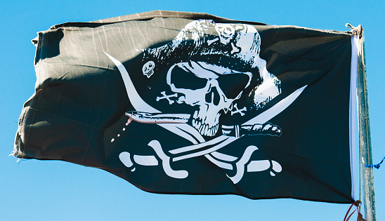 Black and white skull and crossbones pirate flag on a flagpole.