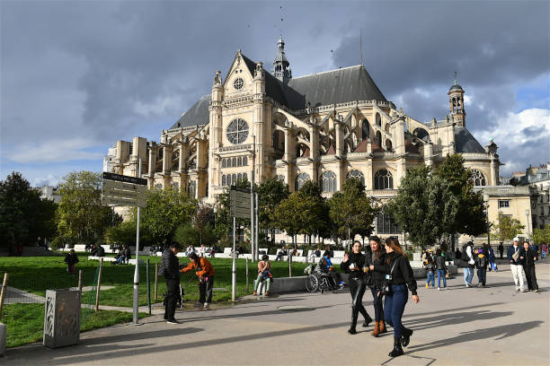 The Saint-Eustache church, Paris, France. Paris, France-10 24 2023: People in front of the Saint-Eustache church in the Chatelet-les Halles district in Paris, France. église saint eustache stock pictures, royalty-free photos & images