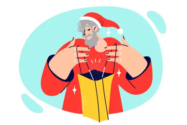 Vector illustration of Elderly man in santa suit looks into paper bag given to by children or grandchildren for christmas