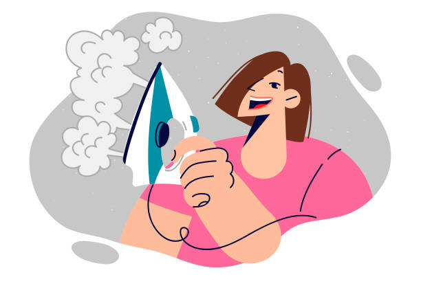 Woman housewife uses iron with steam function and rejoices at technology that makes housework easier Woman housewife uses iron with steam function and rejoices at new technology that makes housework easier. Girl uses clothes iron after washing to remove wrinkles from textiles and bed linen. iron steam stock illustrations