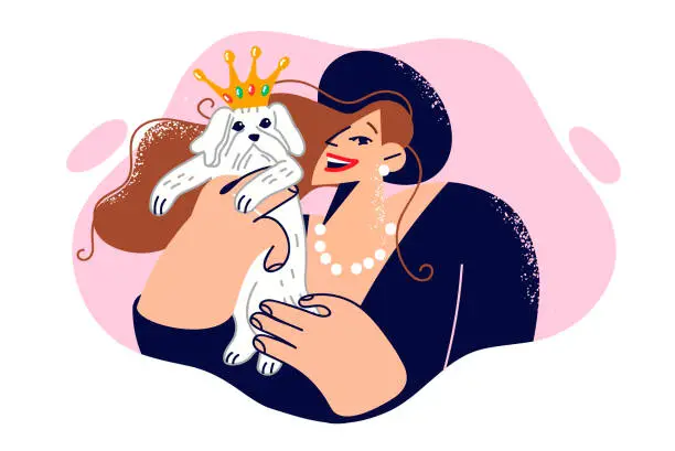 Vector illustration of Woman holds small dog with crown on head and smiles, dressed in glamorous clothes for party