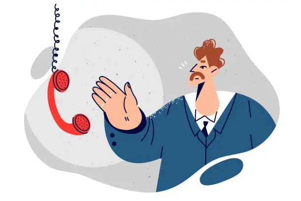 Vector illustration of Business man near telephone receiver hanging on wire is waiting for call from partner or colleague.