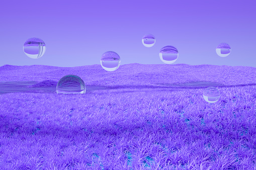Surreal landscape with purple grass. Digitally generated image.