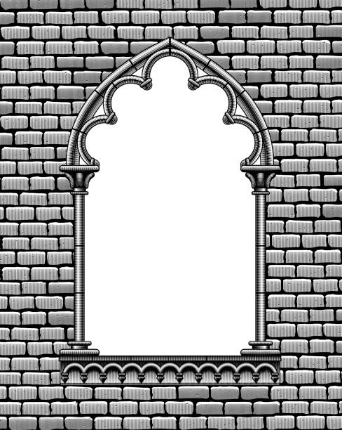 istock Engraved vintage drawing of a classic gothic architectural decorative frame on a brick wall background 1776635838