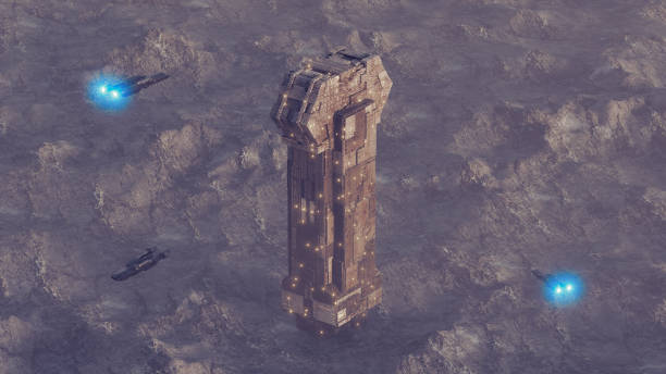 istock Science Fiction Landscape with a tower-shaped construction, space exploration base. Modeled Blender 3D 1776636885