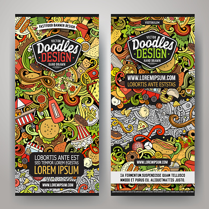 Cartoon vector doodle set of Fastfood banners templates. Corporate identity for the use on apps, branding, flyers, web design. Funny colorful illustration.