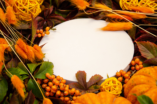 White round close-up copyspace on replete bright background of yellow and orange leaves, orange dried flowers, pumpkins and yellow threads in balls. Autumn mockup flatlay template