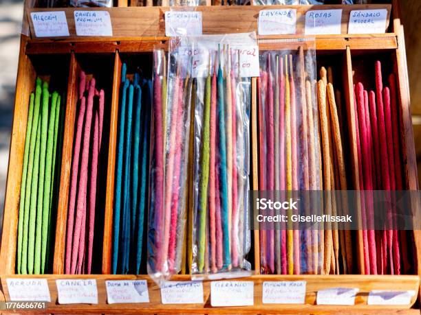 Colorful Incense Sticks For Sell At Market Stall Stock Photo - Download Image Now - Aromatherapy, Blue, Box - Container