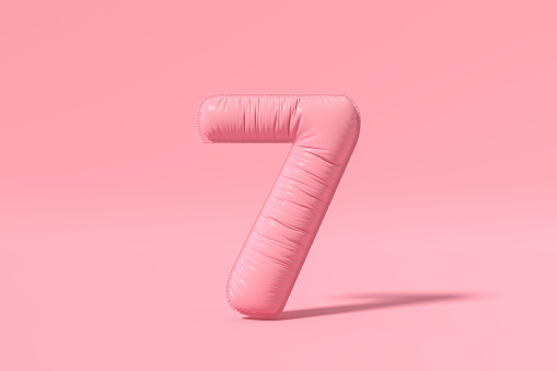 Number 7 balloon on pink background, 3d render.
