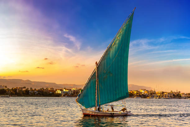 segelboot auf dem nil bei sonnenuntergang - felucca boat stock-fotos und bilder