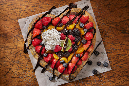 Heart Shaped Fruit Pizza wit Hazelnut Spread, Chocolate Sauce and Whipped Cream