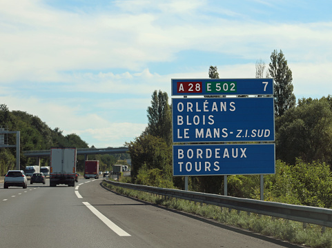Road Signs in french motorway with name or main cities in France and arrows