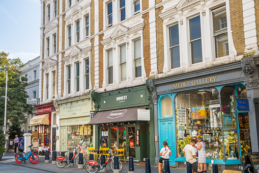 London, UK - 9 September, 2023: Street with cafes and restaurants in  Chelsea., one of the richest areas to live with fancy lifestyle. London street photography