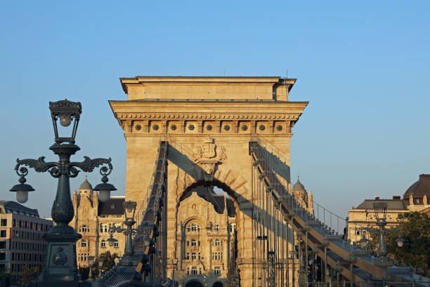 Szechenyi Chain Bridge that spans the River Danube between Buda and Pest In Budapest Hungary at sunset