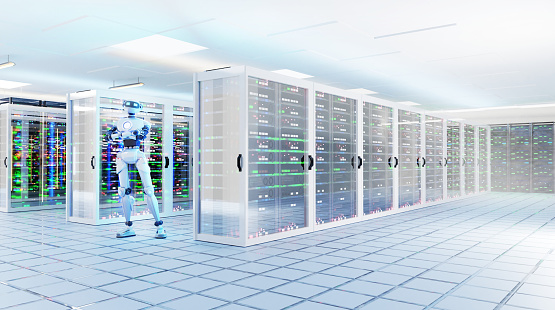 Big white shiny Robot stands in Modern server room, corridor in data centre with Supercomputer racks, neon lights and conditioners. 3D rendering illustration