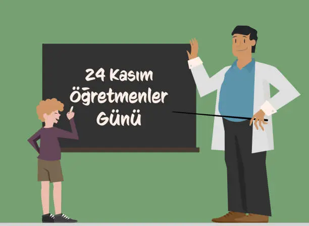 Vector illustration of November 24 Teacher's Day - 24 Kasim Ogretmenler Gunu - Turkey - Turkiye - Handwritten text on Whiteboard - Flat design Teacher & Student