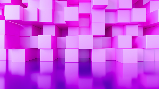 Abstract Cube Background with Neon Lights. Digitally Generated Image.