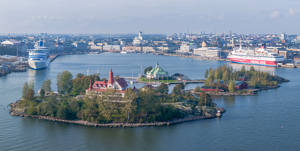 The south harbour area and the city skyline in an aerial photo in Helsinki, Finland