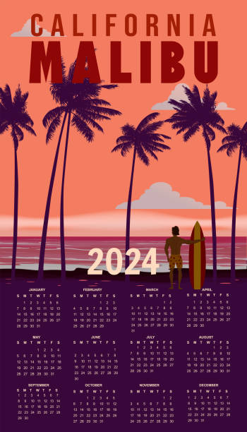 ilustrações, clipart, desenhos animados e ícones de calendário 2024 vintage califórnia malibu praia retro mural cartaz de viagem - beach sunlight surfboard santa claus