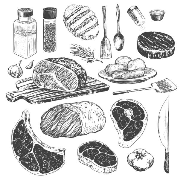 illustrations, cliparts, dessins animés et icônes de ensemble de viande. steak de style croquis. - fatback