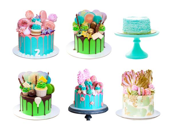 istock Assorted green cakes isolated on white background. Cakes with edible flowers, meringues, macarons, fondant ruffles, popsicles and melted chocolate 1776770843