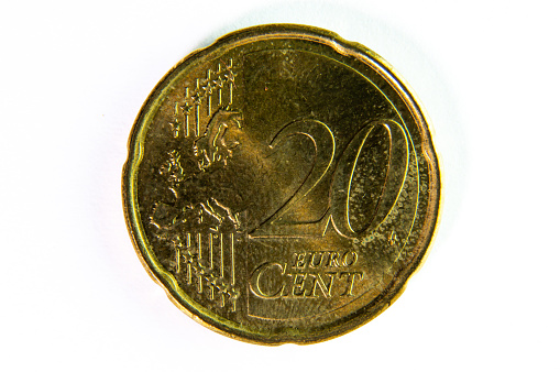 20 Euro Cents Coin: Aerial View on White Background.