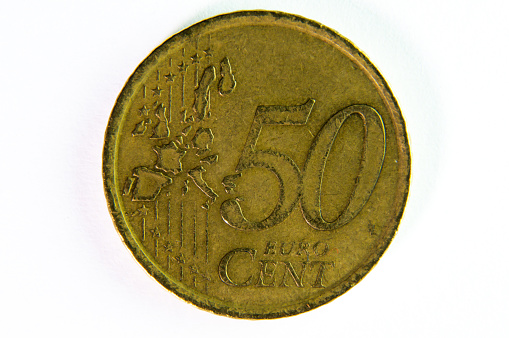Numismatic Elegance: 50 Euro Cents Coin from Above on White Background.