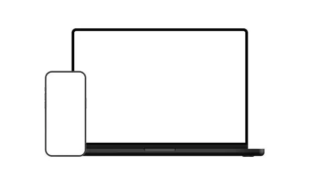 Vector illustration of Dark Laptop And Mobile Phone, Blank Screens, Isolated On White Background
