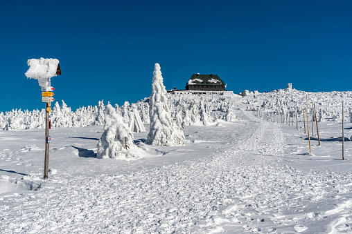 Beautiful winter panorama with shelter, Karkonosze mountains