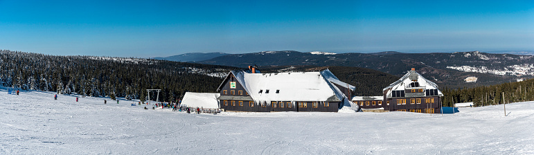 Beautiful winter panorama with shelter, Karkonosze mountains