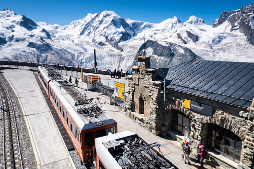 Zermatt, Switzerland - July 6, 2022: The Gonergrat railway station at the Gornergrat Observatory is a popular tourist destination to view the Matterhorn