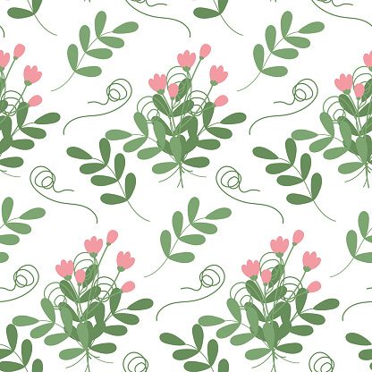 Abstract seamless pattern of bouquet of twigs with small leaves, flowering branches and curly plants. Vector background texture for wallpaper, wrapping or cards, label or web and other different uses