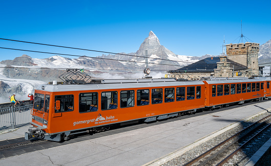 The red train running on the Jungfrau railway with a background view of Jungfrau