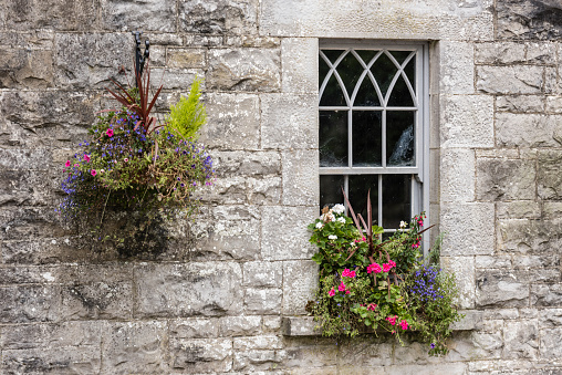 Hanging basket and window box on the stone wall of an old Irish cottage.