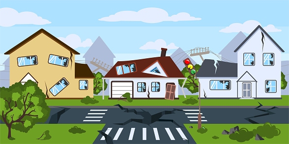 Vector illustration of natural disaster. Cartoon landscape with an earthquake which destroyed the whole city.