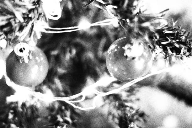 Christmas Tree with Balls and Lights. Monochromatic Black and White Tones