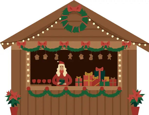Vector illustration of Christmas market pavilion with gift boxes apples and gingerbreads