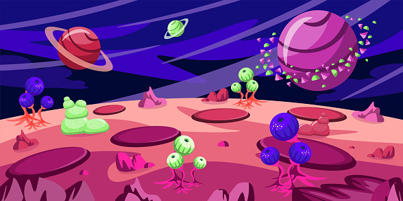 Vector illustration of beautiful space planets. Cartoon space landscape with different planets, craters, alien plants, stones.