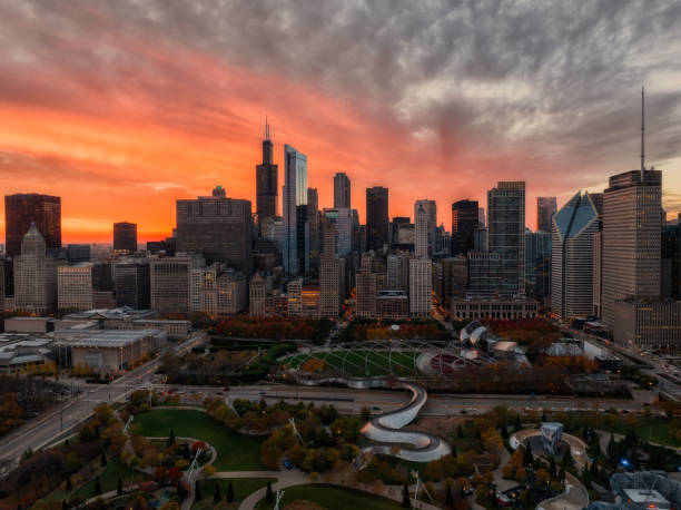 Chicago sunset in Millennium Park