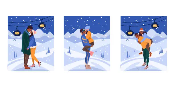 Vector illustration of Beautiful romantic couples in winter clothes, hugging and kissing.