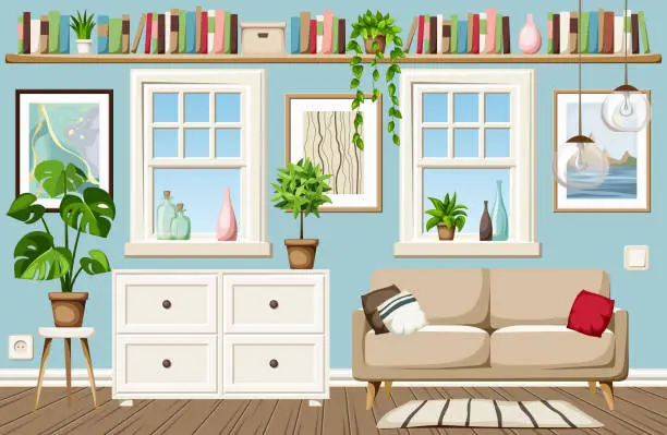 Vector illustration of Living room interior with a sofa, a bookshelf, a dresser, and windows. Cozy room interior design. Cartoon vector illustration