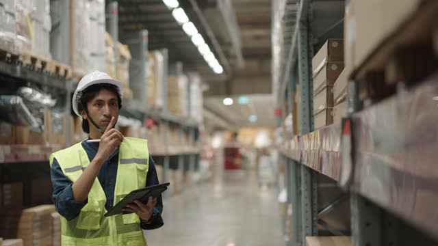 Logistics employee counting stock with digital tablet at warehouse.