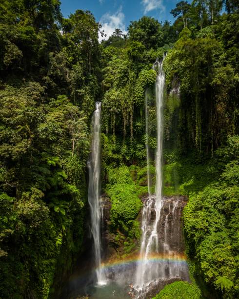 istock the waterfall with a rainbow in the middle is near some lush green trees 1776867263