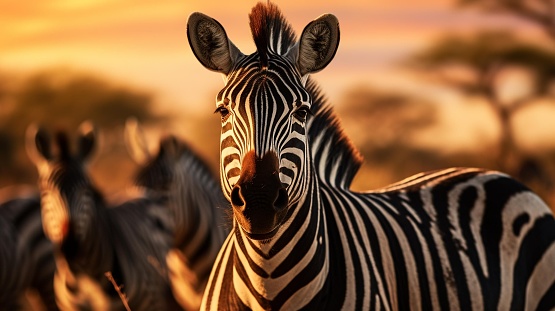 A herd of zebras grazing in the savannah with the setting sun in the background and a lush forest in the distance