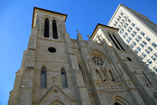 Exterior of gothic 19th century church - San Fernando Cathedral - in downtown of San Antonio, Texas