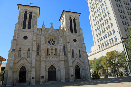 Exterior of gothic 19th century church - San Fernando Cathedral - in downtown of San Antonio, Texas